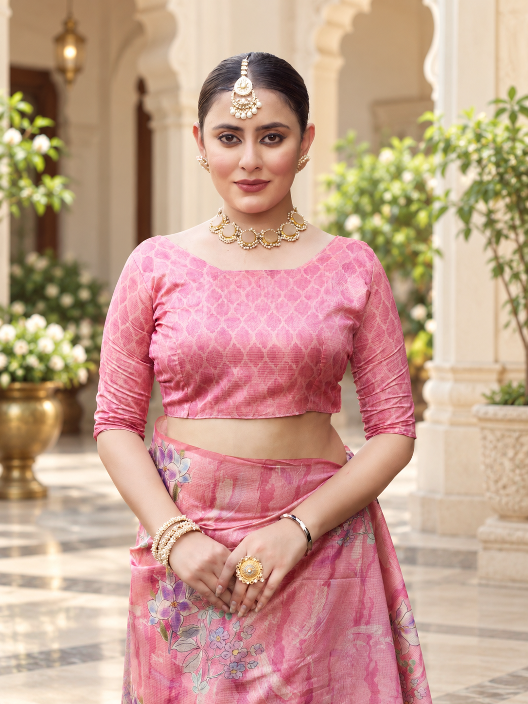 Marvelous Candy Pink Soft Tussar Silk Saree with Elegant Floral Print Work