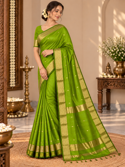 Catchy Parrot Green Handloom Maheshwari Cotton Silk Saree