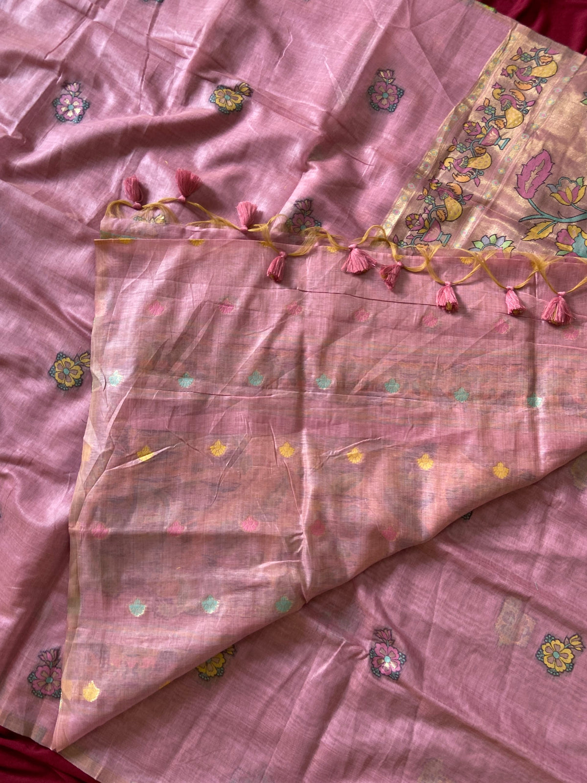 Aavya - Dusty Rose Pink Soft Muga Cotton Paithani Saree