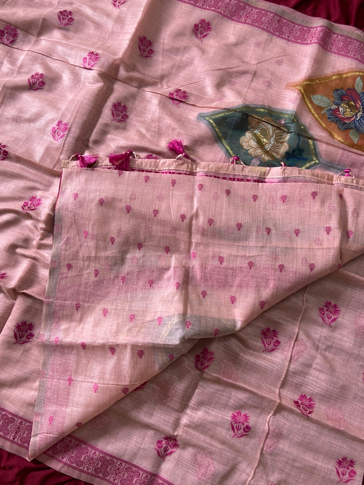 Inaya Rose Blush Floral Muga Cotton Weaving Saree
