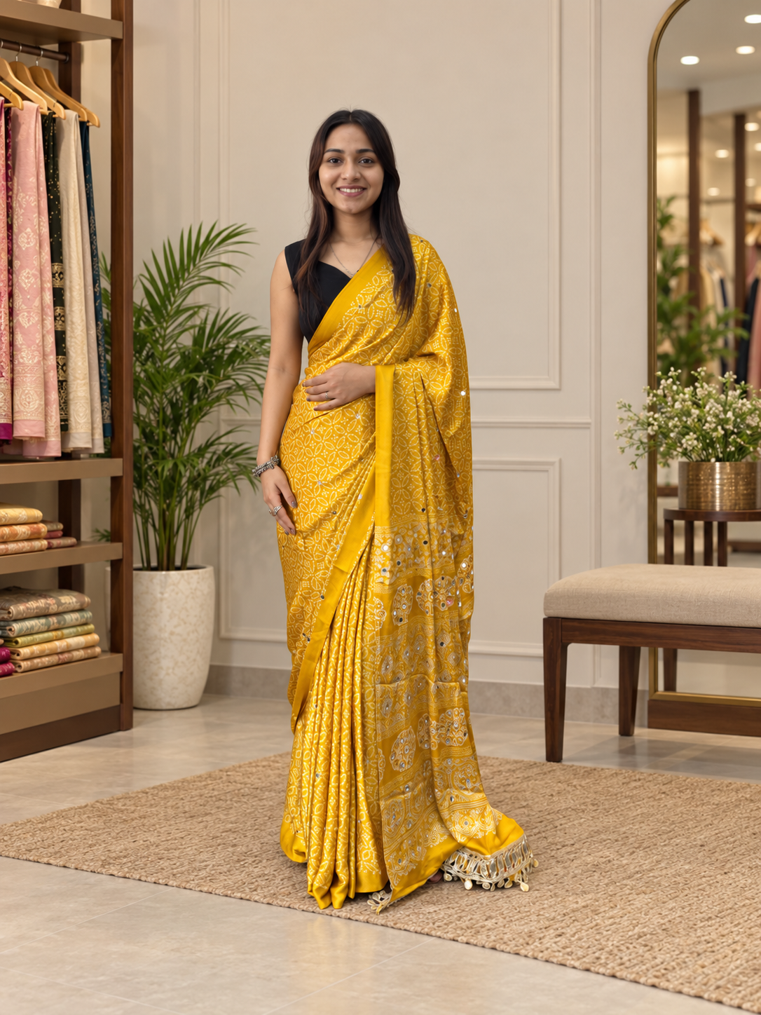 Festive Mustard Premium Gajji Silk Saree - Traditional Print with Real Mirror Work