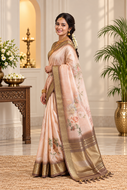 Festive Cream Beige Soft Tissue Silk Saree with Floral Digital Prints