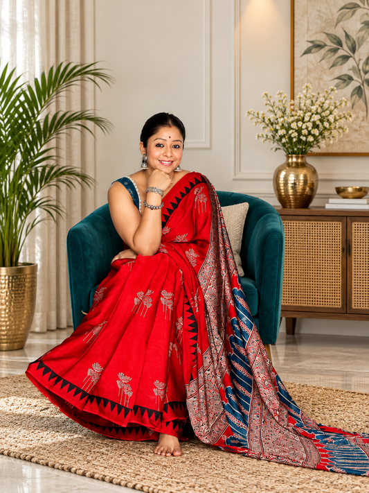 Awsome Red Handcrafted Modal Silk Ajrakh Saree