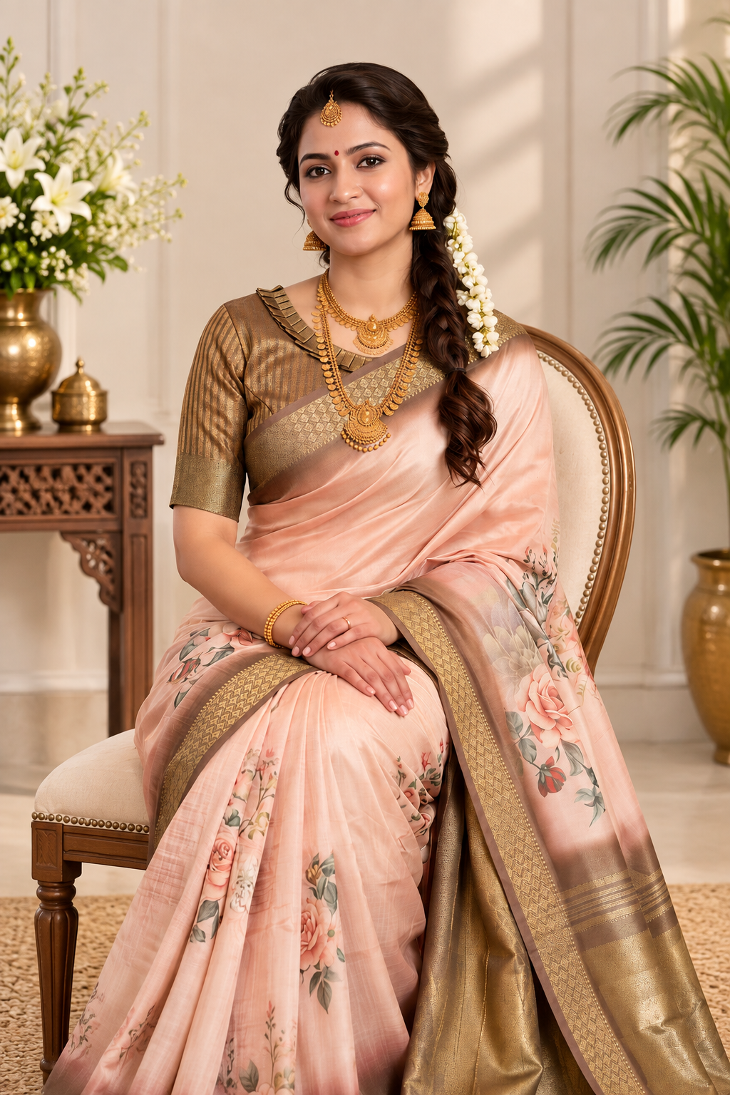 Festive Cream Beige Soft Tissue Silk Saree with Floral Digital Prints
