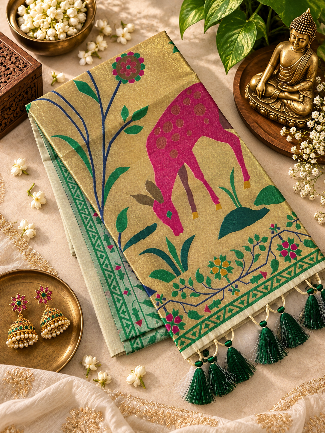 New Designer Muga Cotton Paithani Saree with Woven Deer Motif