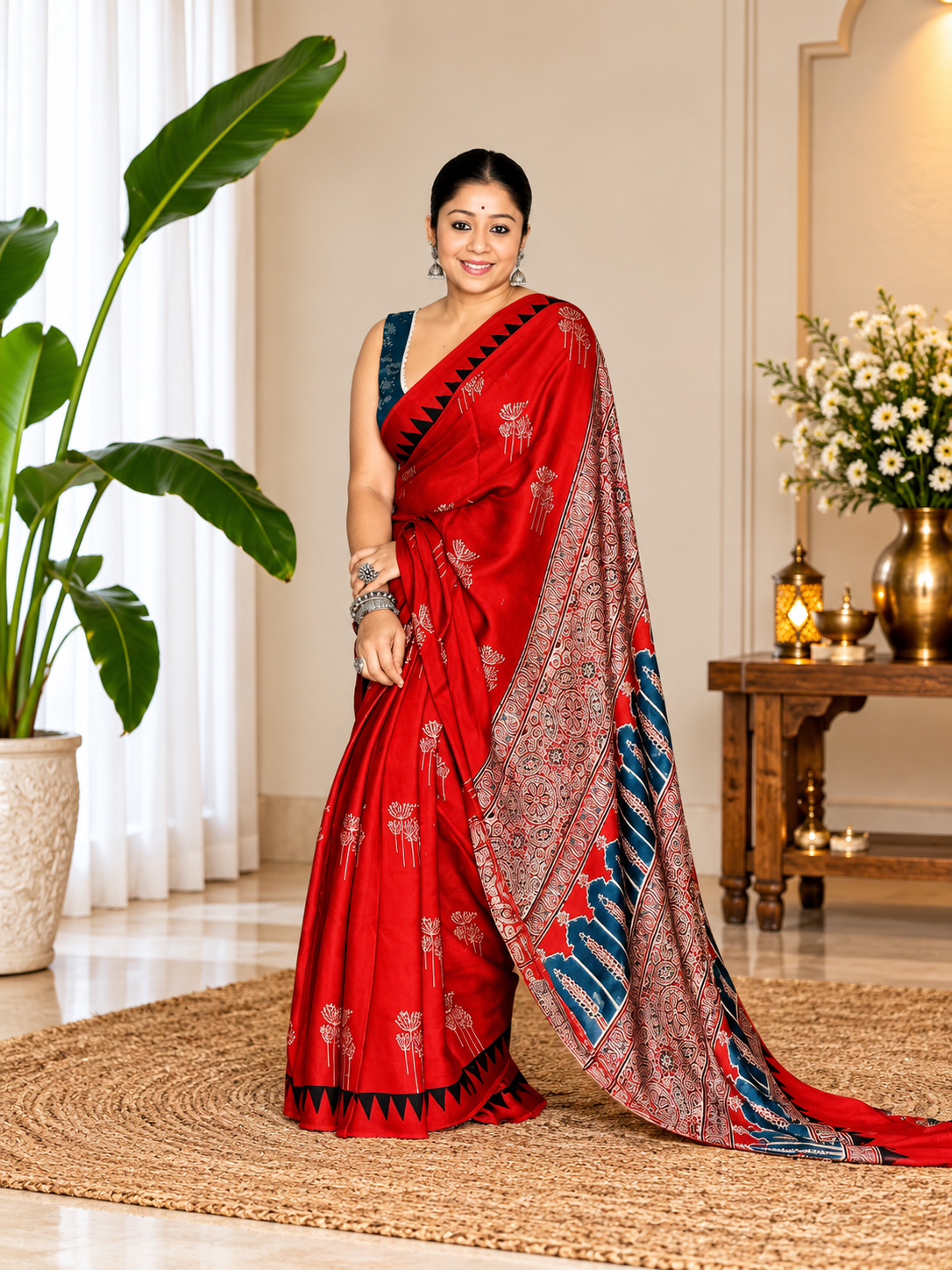 Awsome Red Handcrafted Modal Silk Ajrakh Saree