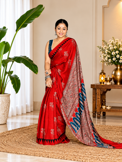 Awsome Red Handcrafted Modal Silk Ajrakh Saree