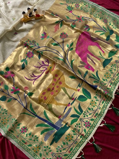 New Designer Muga Cotton Paithani Saree with Woven Deer Motif