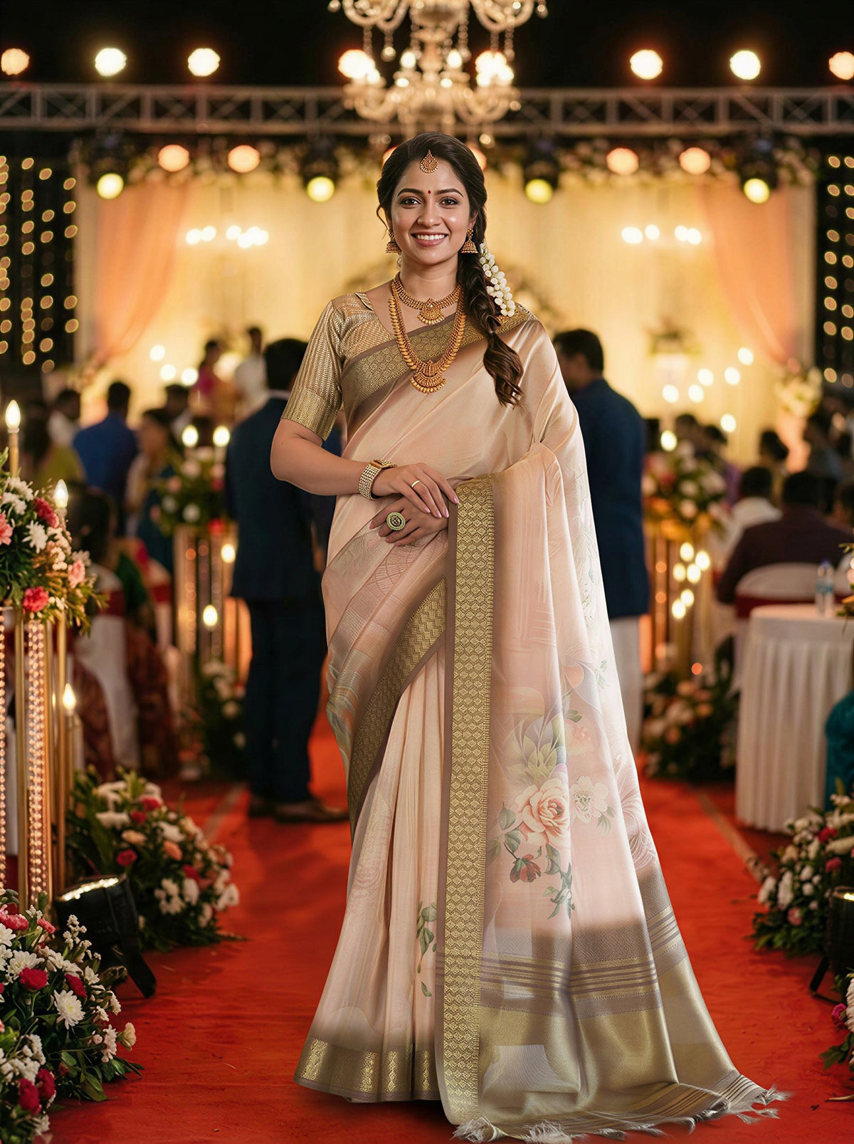 Festive Cream Beige Soft Tissue Silk Saree with Floral Digital Prints