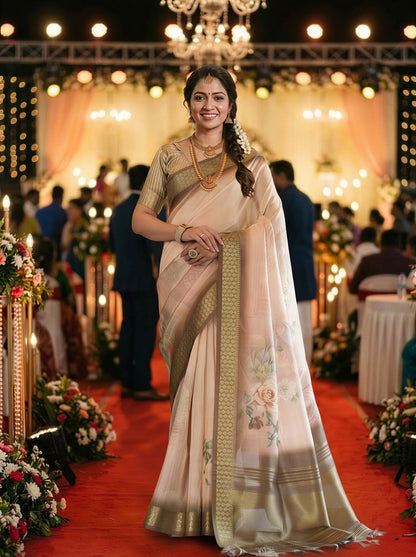 Festive Cream Beige Soft Tissue Silk Saree with Floral Digital Prints
