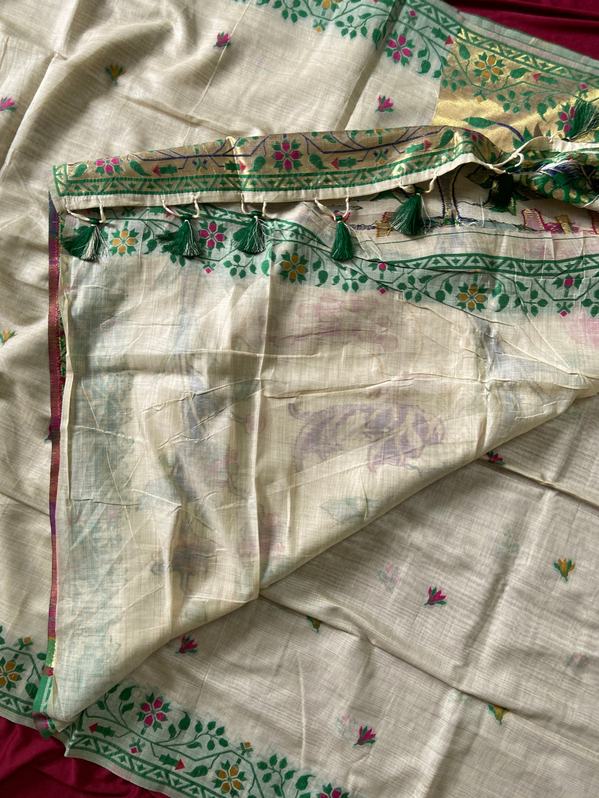 New Designer Muga Cotton Paithani Saree with Woven Deer Motif