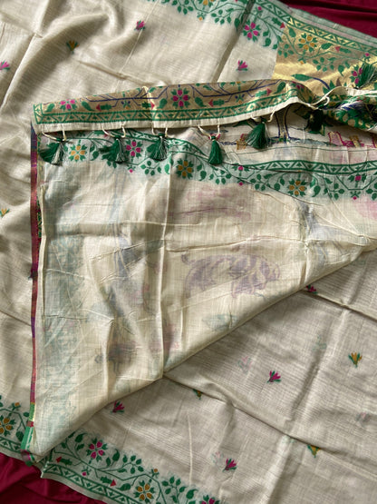 New Designer Muga Cotton Paithani Saree with Woven Deer Motif