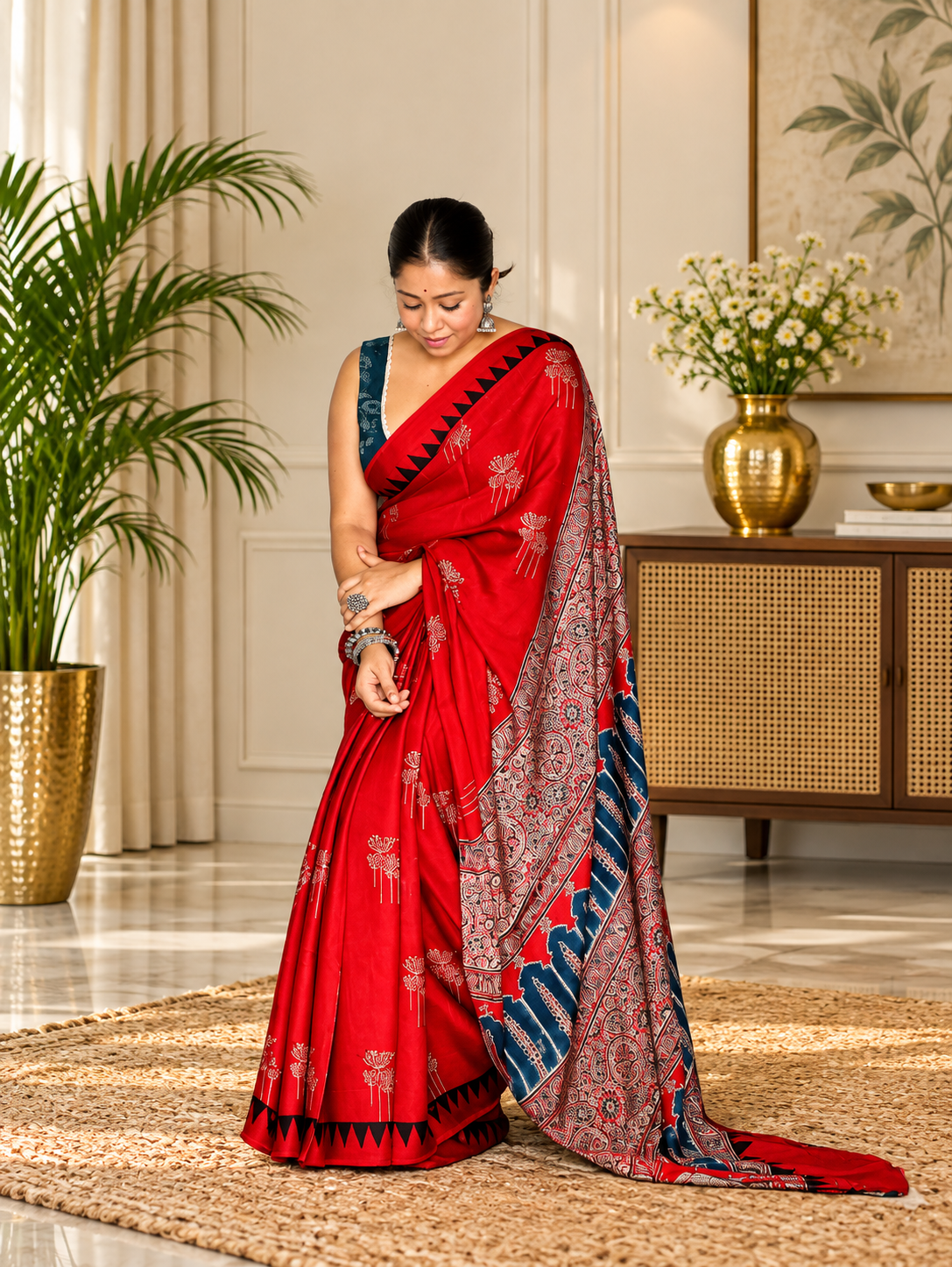 Awsome Red Handcrafted Modal Silk Ajrakh Saree