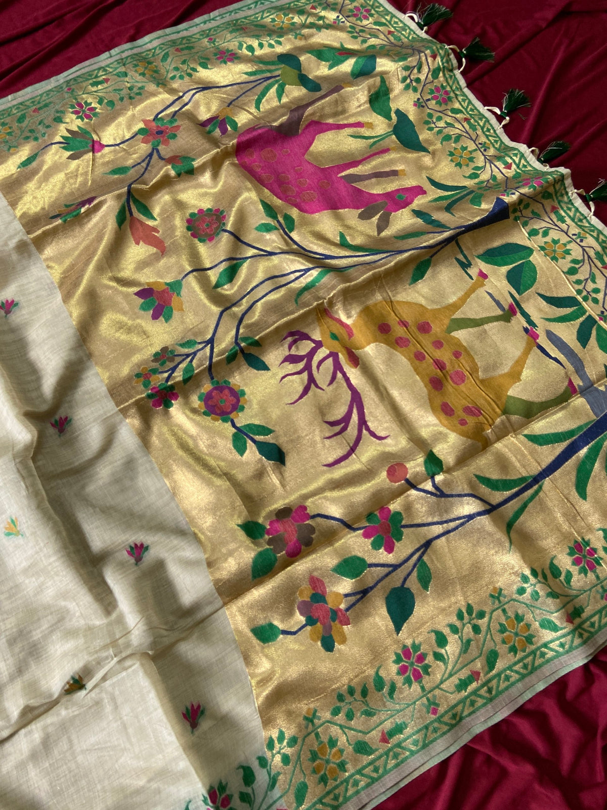New Designer Muga Cotton Paithani Saree with Woven Deer Motif