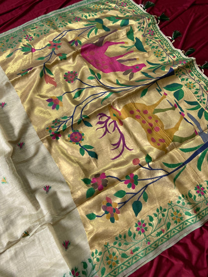 New Designer Muga Cotton Paithani Saree with Woven Deer Motif