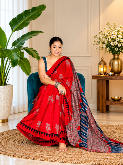 Awsome Red Handcrafted Modal Silk Ajrakh Saree