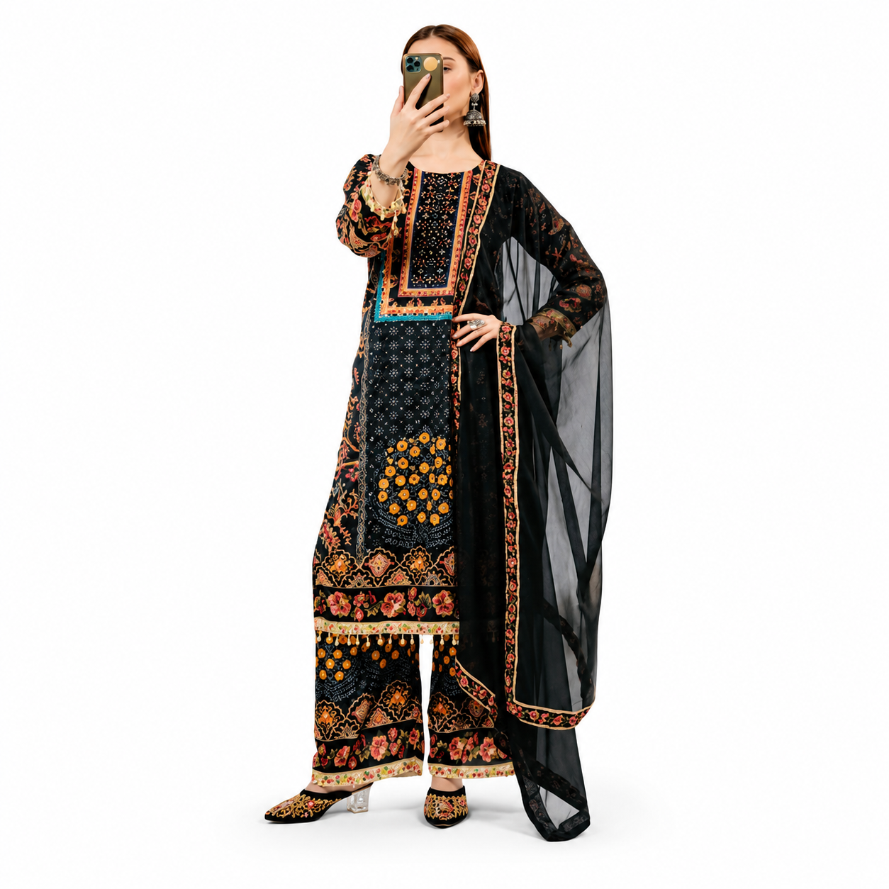 Royal Black Heavy Muslin Digital Printed Suit Set with Delicate Lace Work