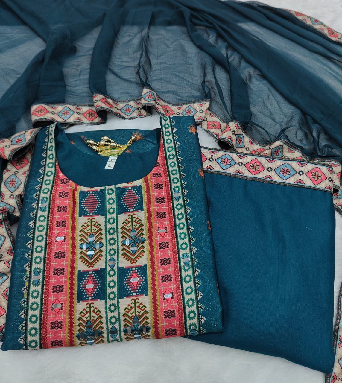 Royal Teal Shimmer Printed Suit Set with Fancy Mirror Work