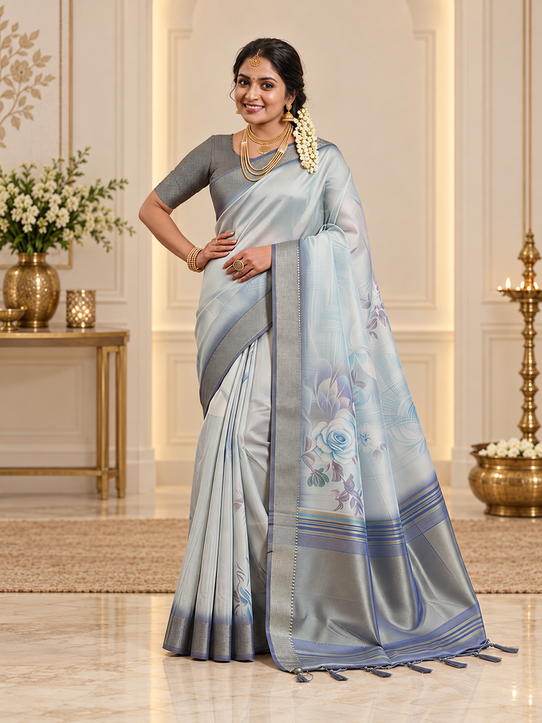 Premium Gray Soft Tissue Silk Saree with Floral Digital Prints