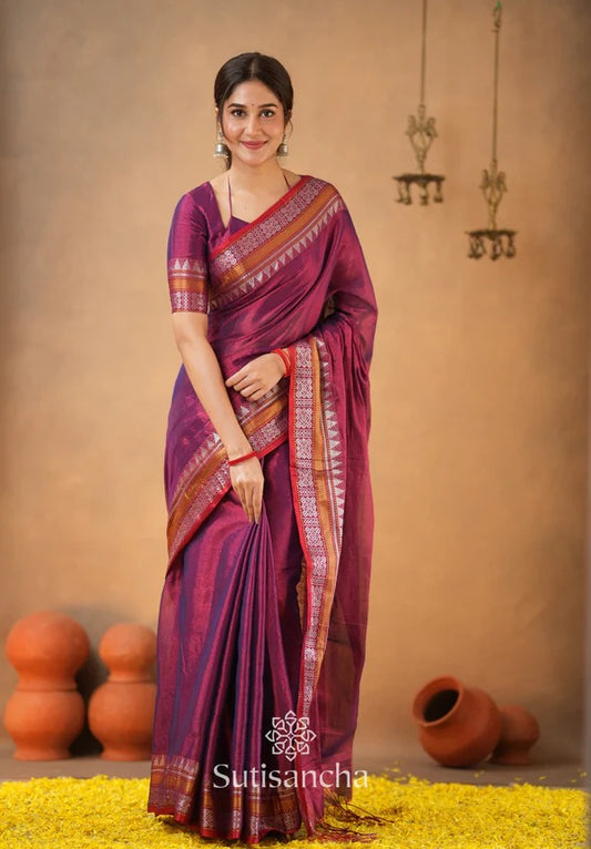 ATTRACTIVE - WINE TEMPLE DESIGNE HANDLOOM TISSUE COTTON SAREE