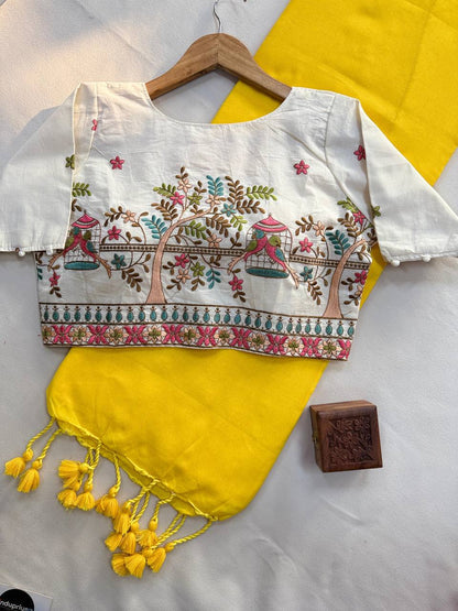 Yellow Pure Handloom Cotton Saree With Stitched Embroidery Blouse