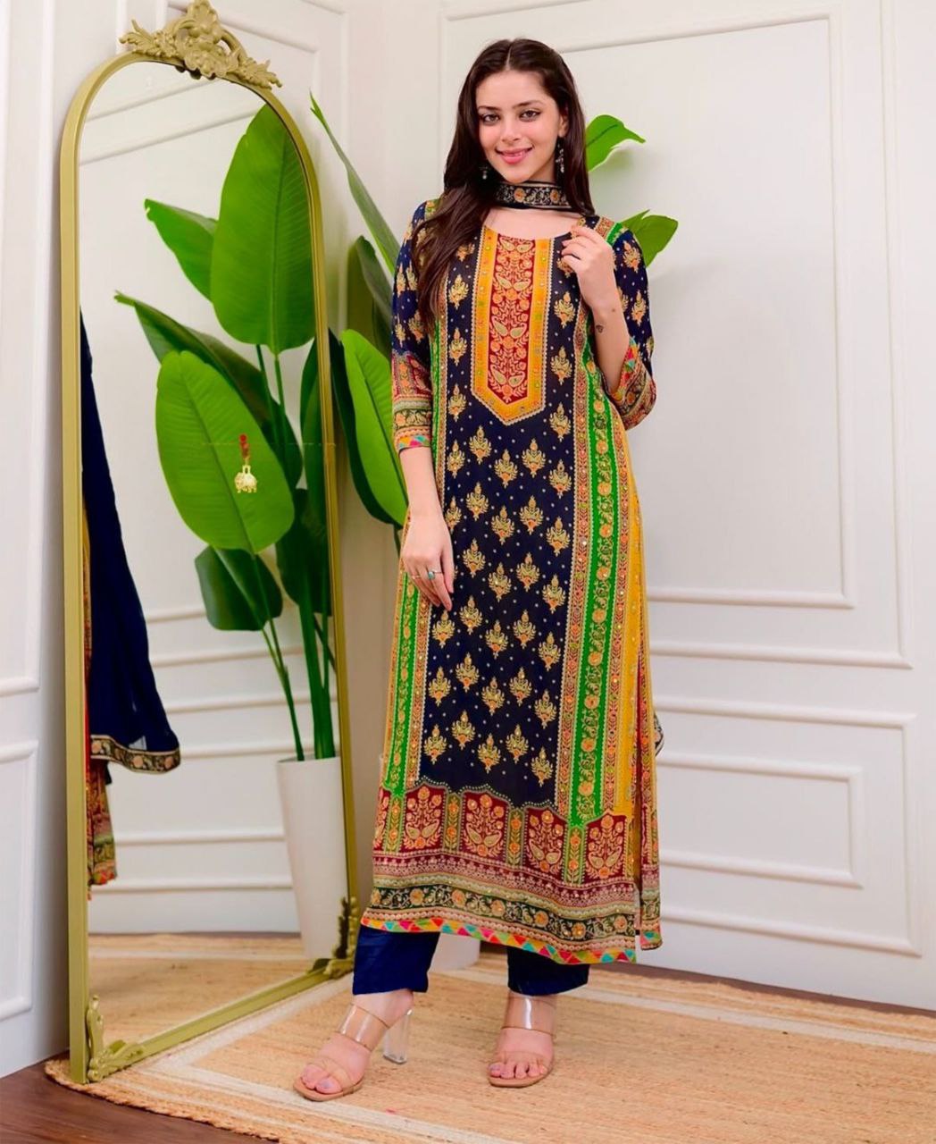Royal Navy Blue Printed Muslin Suit Set with Embroidered Mustard Yoke