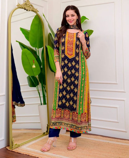 Royal Navy Blue Printed Muslin Suit Set with Embroidered Mustard Yoke