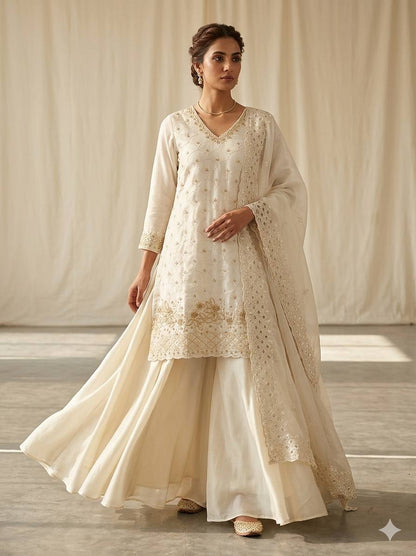 Elegant White Fendy Silk Sharara Suit Set with Sequence Embroidery Work