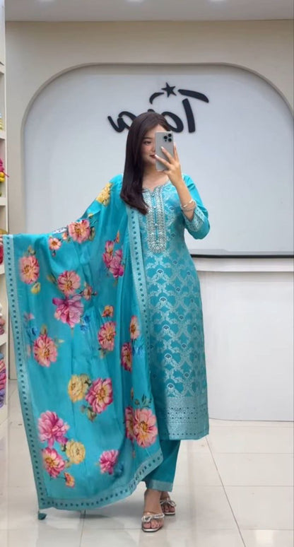 ELEGANT PURE BANARASI SILK JEQUARD WEAVING SUIT SET