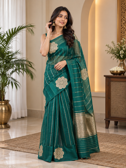 Festive Green Linen Silk Saree With Gold Zari & Demanding Blouse Piece