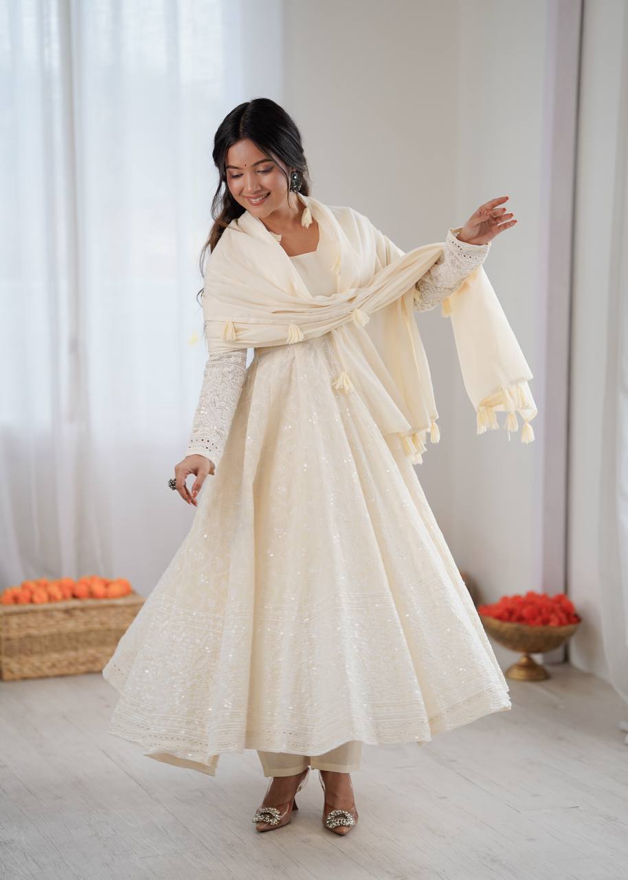 Elegant Off-White Pure Kora Cotton Anarkali Suit Set