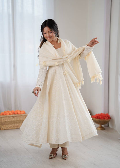 Elegant Off-White Pure Kora Cotton Anarkali Suit Set
