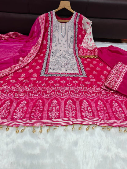 Attractive Rani Pink Chinon Silk A-Line Suit Set with Real Mirror Hand Work