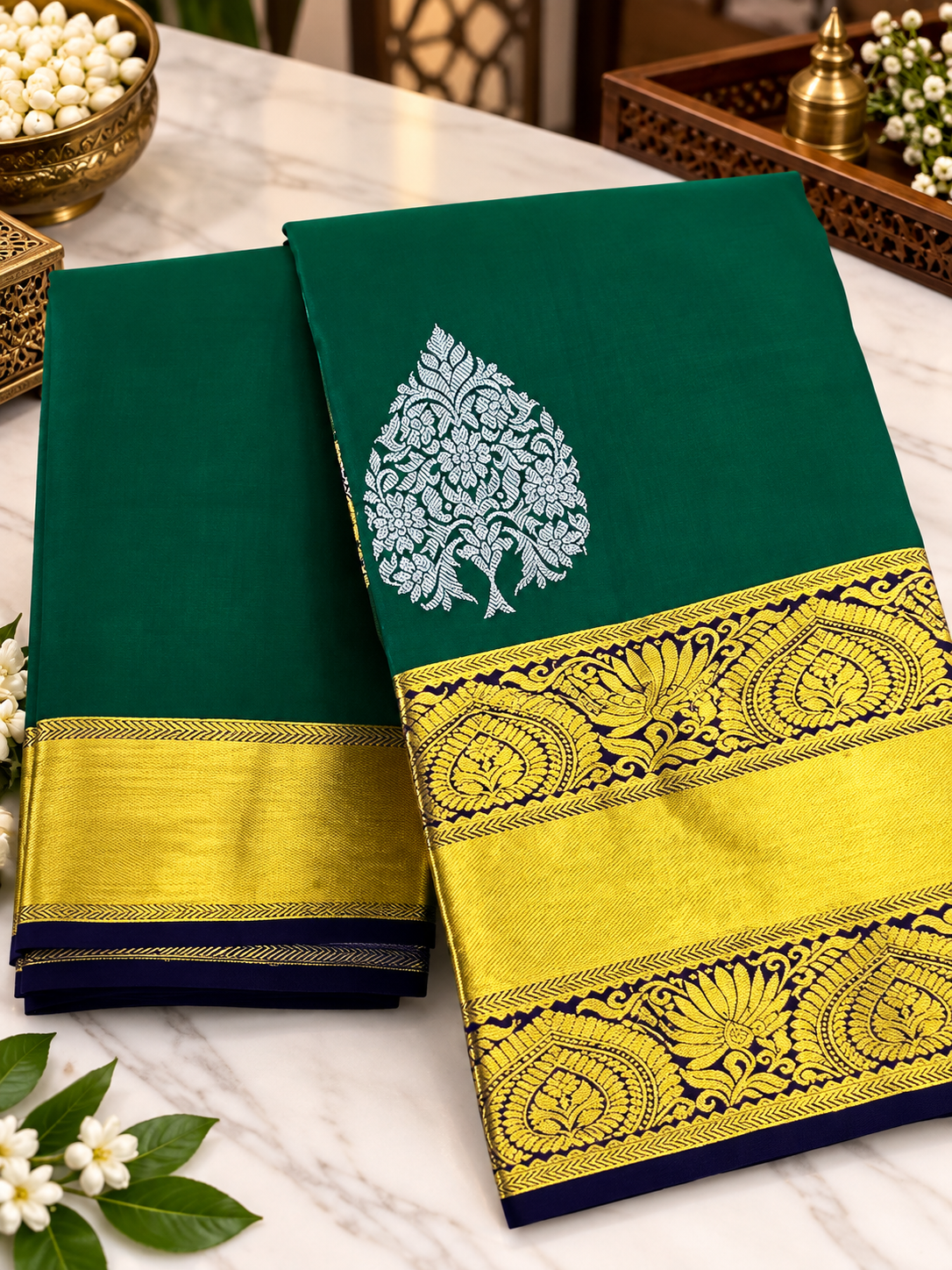 Emerald Green Soft Banarasi Silk Saree With Ineffable Blouse Piece
