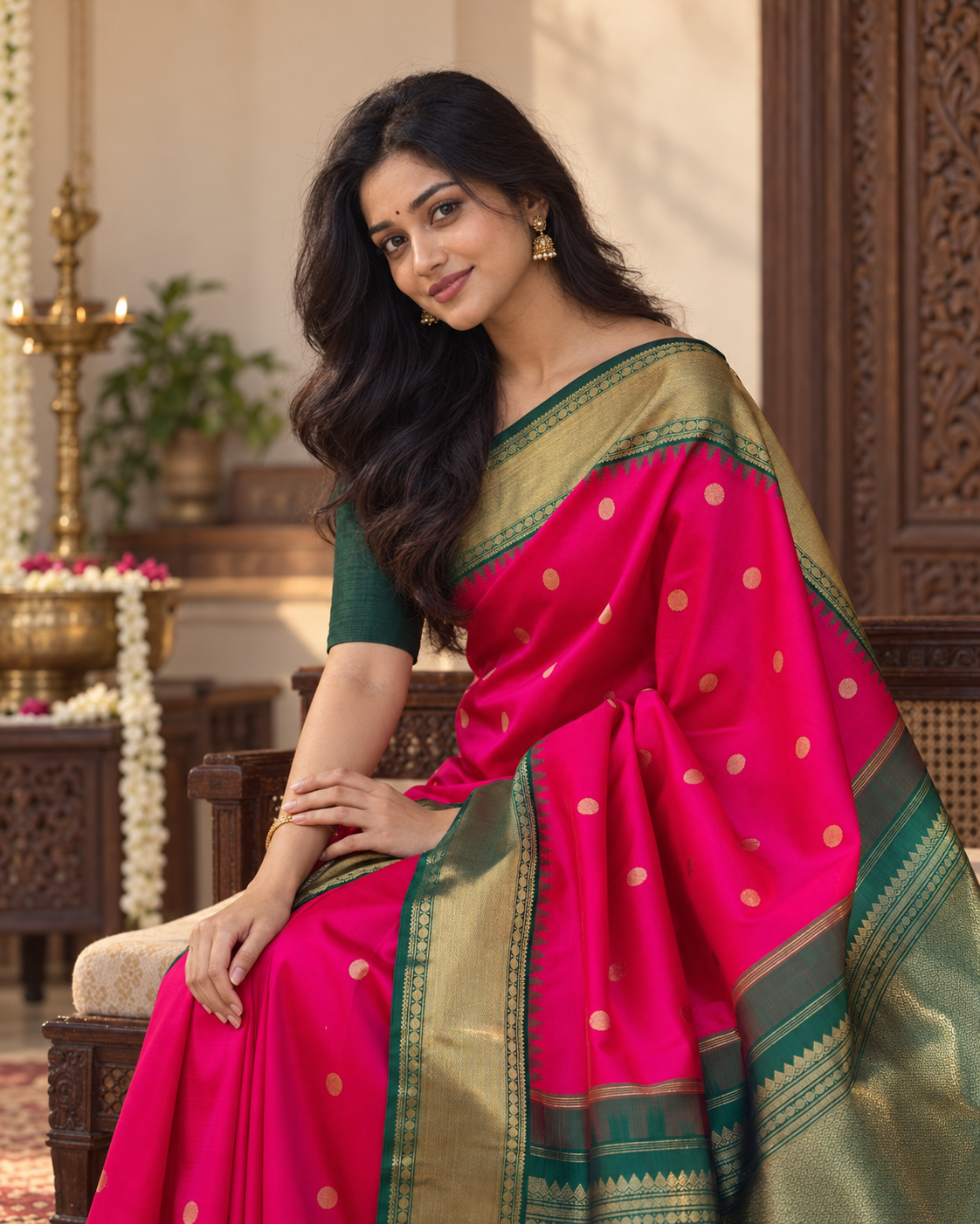 Festive Pink Kanjeevaram Silk Saree With Dark Green Border
