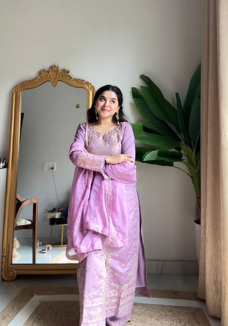 Premium Roman Silk Embroidery Suit Set With Dupatta