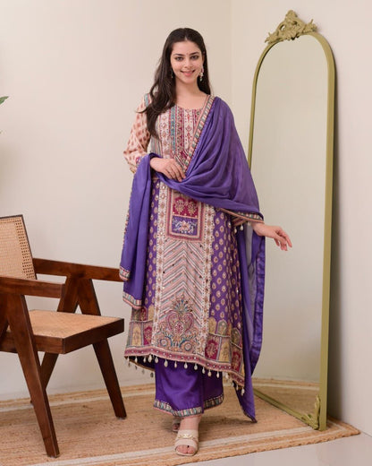 Attractive Violet Patchwork Printed Chinon Suit Set with Fancy Mirror Work