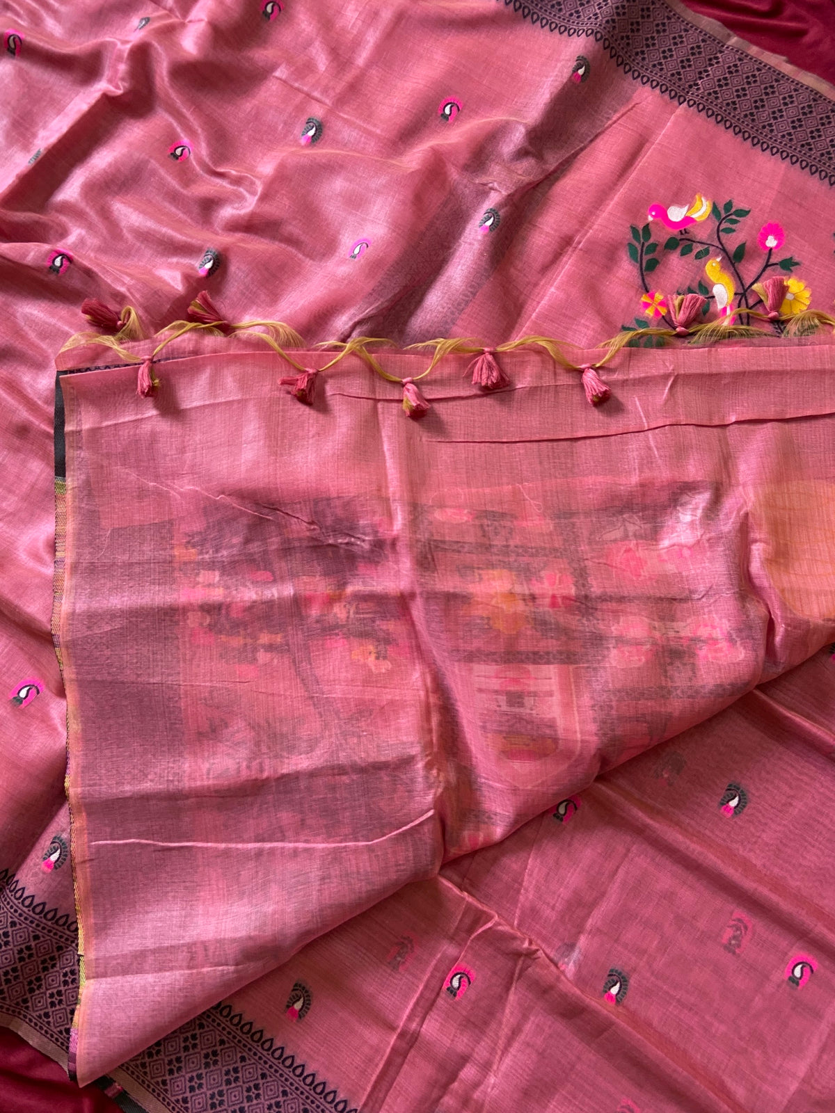 Premium Pink Soft Jamdani Cotton Saree with 3D Woven Peacock Pallu