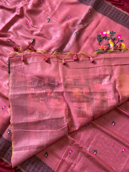 Premium Pink Soft Jamdani Cotton Saree with 3D Woven Peacock Pallu
