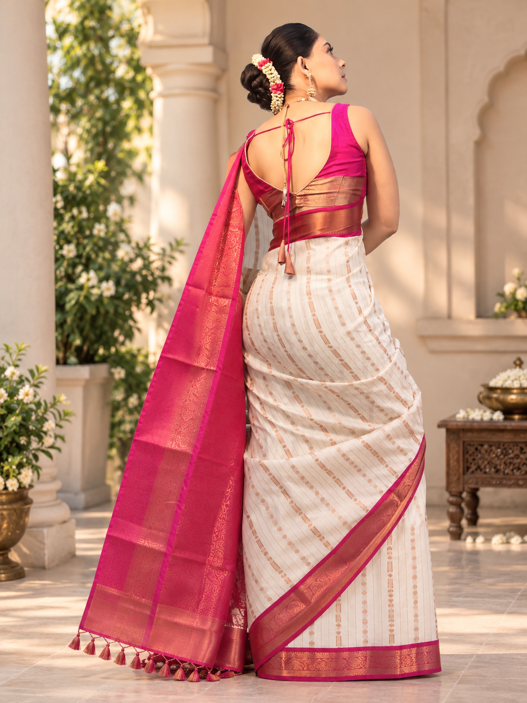 Elegant Cream Handwoven Soft Banarasi Silk Saree with Magenta Pink Pallu