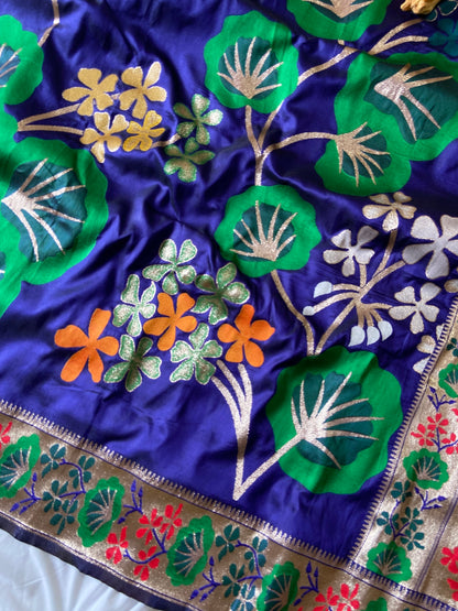 Luxury Royal Blue Soft Silk Saree with Floral Weaving and Tassels