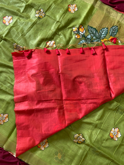 Festive Olive Green Soft Muga Cotton Resham Weaving Saree
