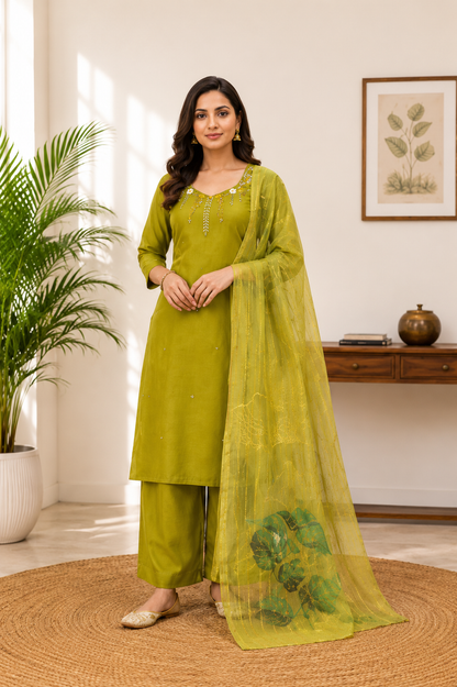 Premium Olive Green Mul Chanderi Suit Set With Beautiful Handwork
