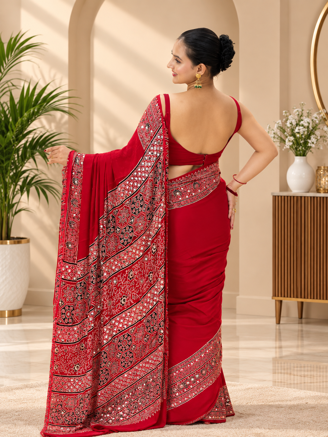 Awsome Red Silk Ajrakh Print Saree with Real Mirror Work