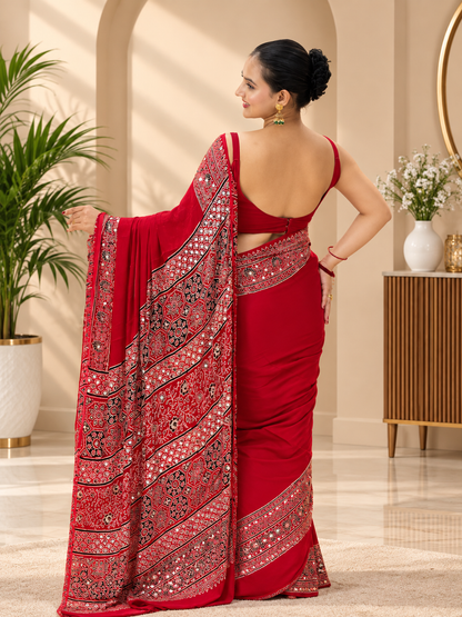 Awsome Red Silk Ajrakh Print Saree with Real Mirror Work