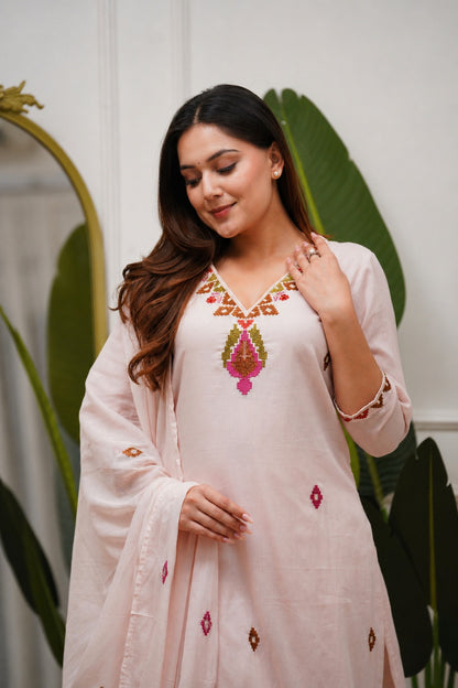 Premium Blush Pink PV Mul Embroidered Suit Set with Dupatta