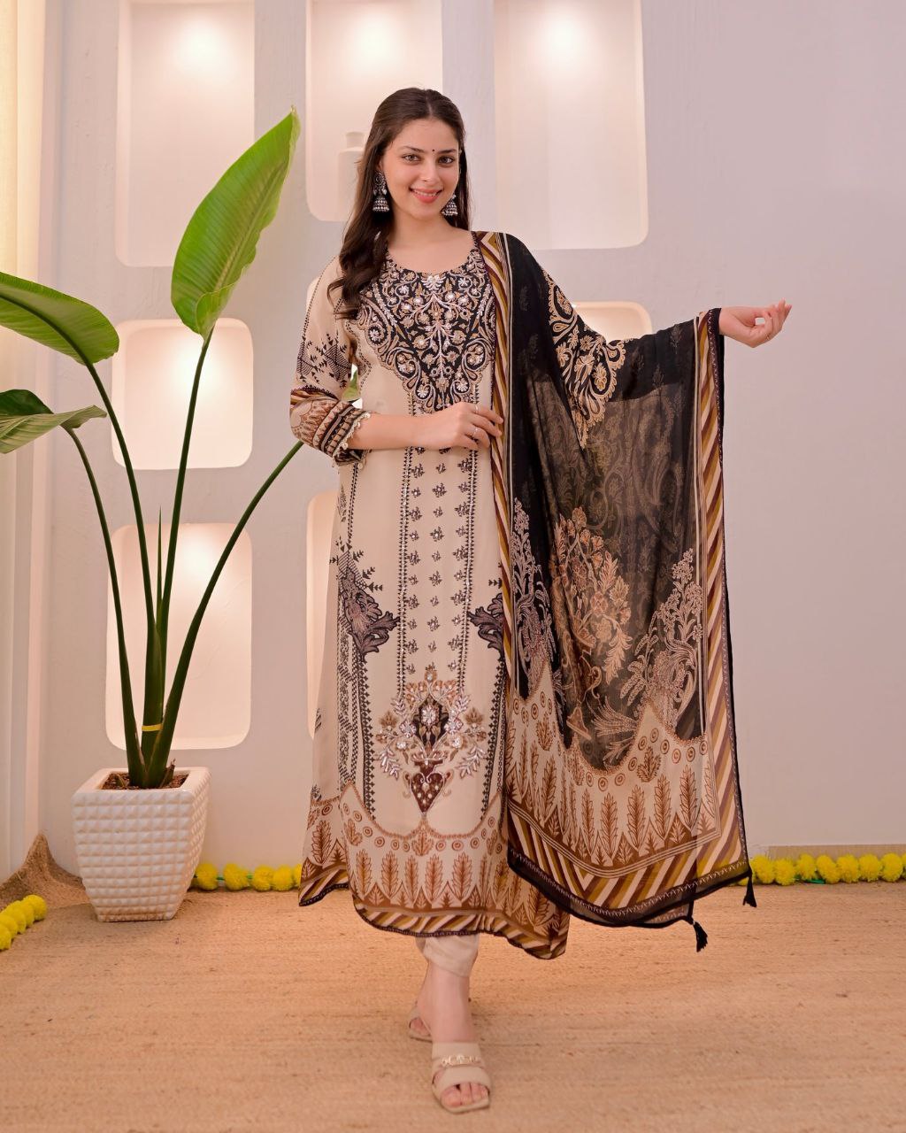Dazzling Beige & Black Printed Pure Muslin Suit Set with Real Mirror Work