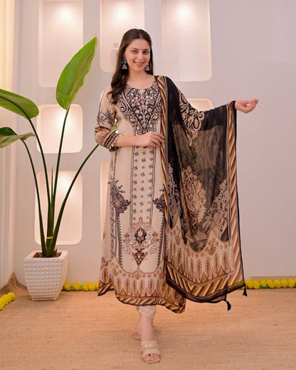 Dazzling Beige & Black Printed Pure Muslin Suit Set with Real Mirror Work