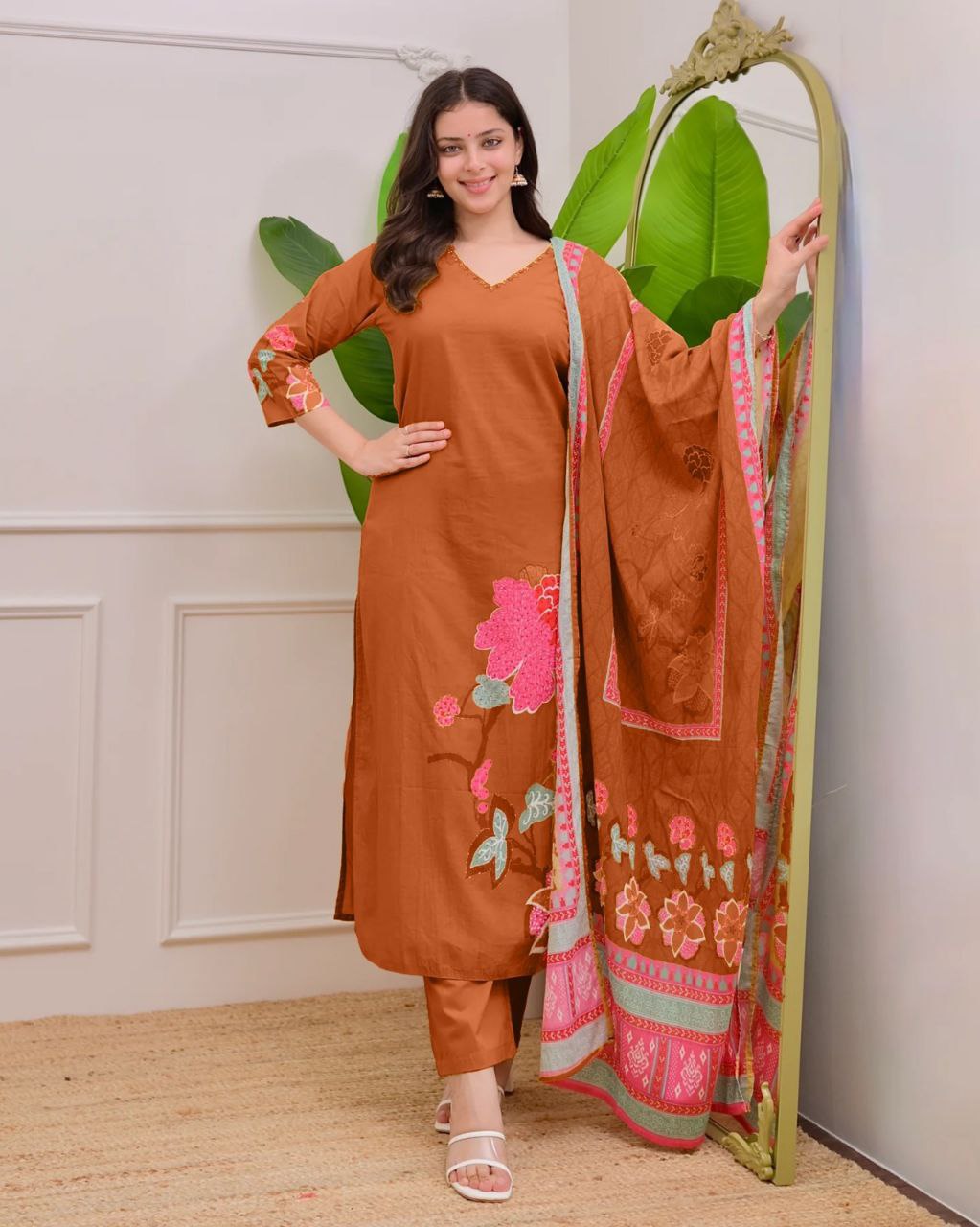 Designer Brown Soft Muslin Salwar Suit with Big Digital Floral Applique Print