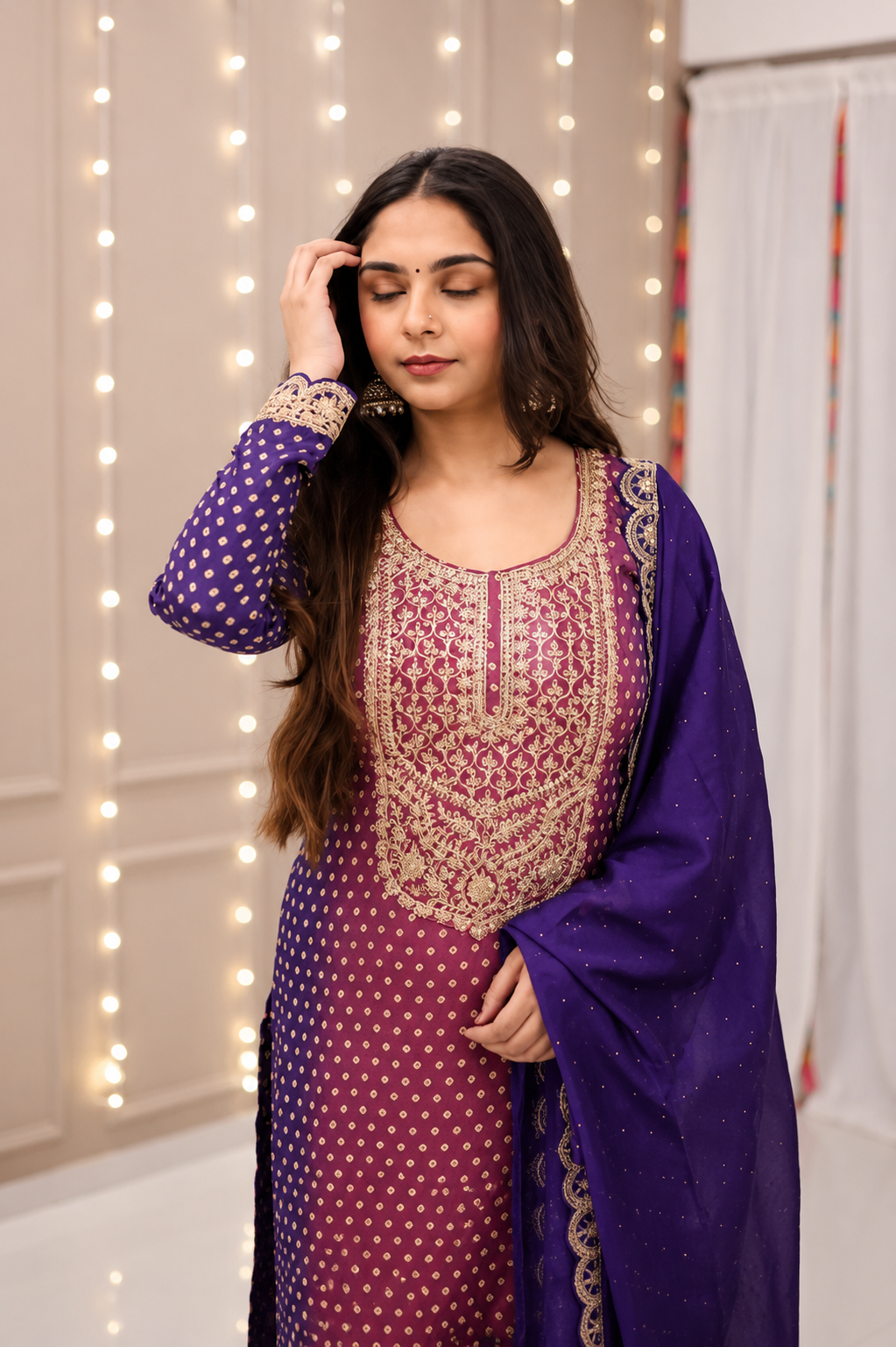 Elegant Dual-Tone Violet Magenta Chinon Silk Embroidery Suit Set